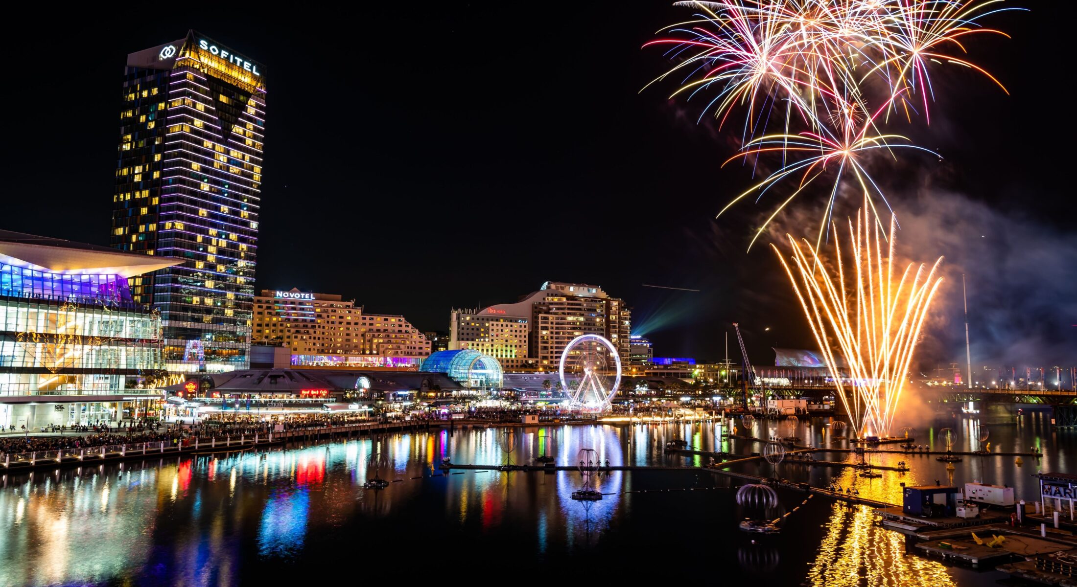 Darling Harbour at night with fireworks